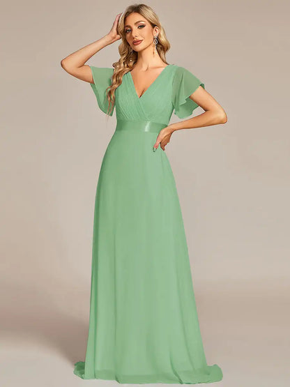 Double V-Neck Ruffled Evening Dress