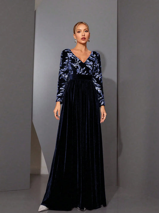 Mgiacyv-neck, gorgeous sequined, waist-cinched long-sleeved velvet long skirt