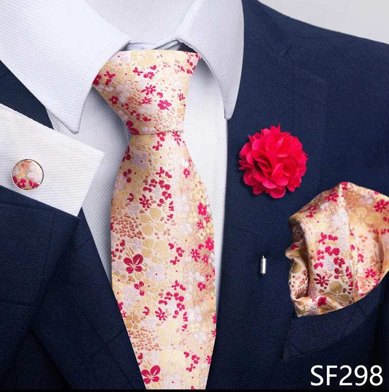 Luxury Men's Floral Tie Set - Black Gold Paisley Necktie with Pocket Square, Cufflinks & Brooch - BOC-WEAR