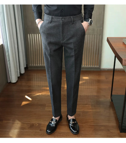 Autumn Winter New Woolen Suit Pants High Quality Striped Slim Fit Dress Pants Men's Formal Business Office Social Trousers