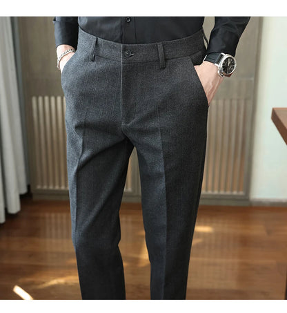 Autumn Winter New Woolen Suit Pants High Quality Striped Slim Fit Dress Pants Men's Formal Business Office Social Trousers