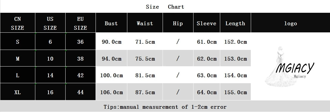 Size chart for clothing with measurements in centimeters, featuring the brand 'MGIACY'.