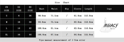 Size chart for clothing with measurements in centimeters, featuring the brand 'MGIACY'.