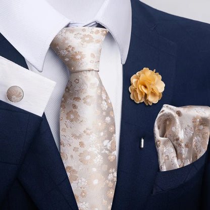 Luxury Men's Floral Tie Set - Black Gold Paisley Necktie with Pocket Square, Cufflinks & Brooch - BOC-WEAR