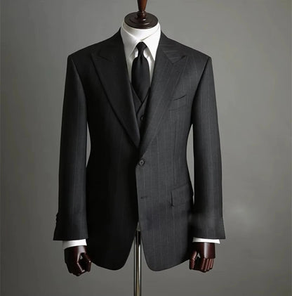 Men's Classic Dark Grey Striped 3-Piece Suit - Formal Business Wedding Groom Suit Set - BOC-WEAR