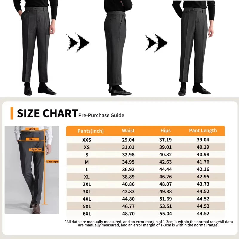 Size chart for pants with measurements and pre-purchase guide on a white background