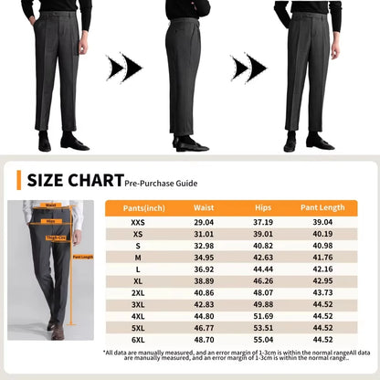 Size chart for pants with measurements and pre-purchase guide on a white background