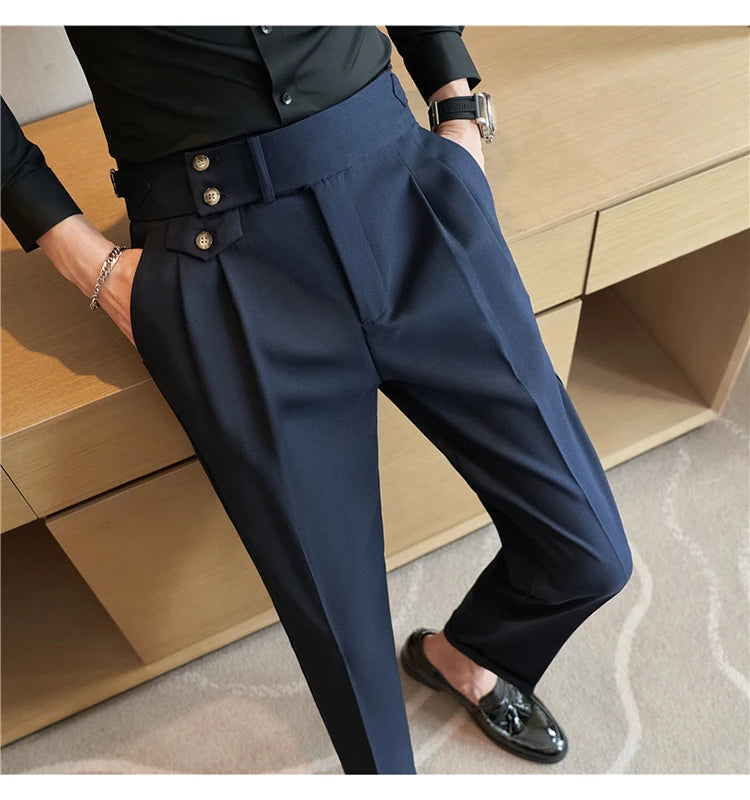 2025 Spring Autumn Men High Waist Belt Design Casual Slim Formal Dress Pant Men Social Office Wedding Party Dress Suit Pants