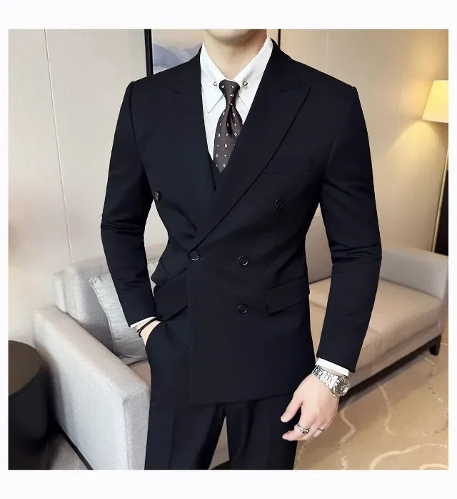 Men's Slim Fit Business Suit Set - Double Breasted Wedding Groom Suit with Pants | British Style - BOC-WEAR