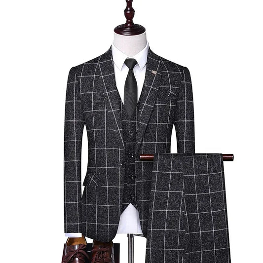Suit Fashion Business Casual Gentleman Men's Italian Style Elegant Plaid Slim-Fit Formal 3-Piece Suit