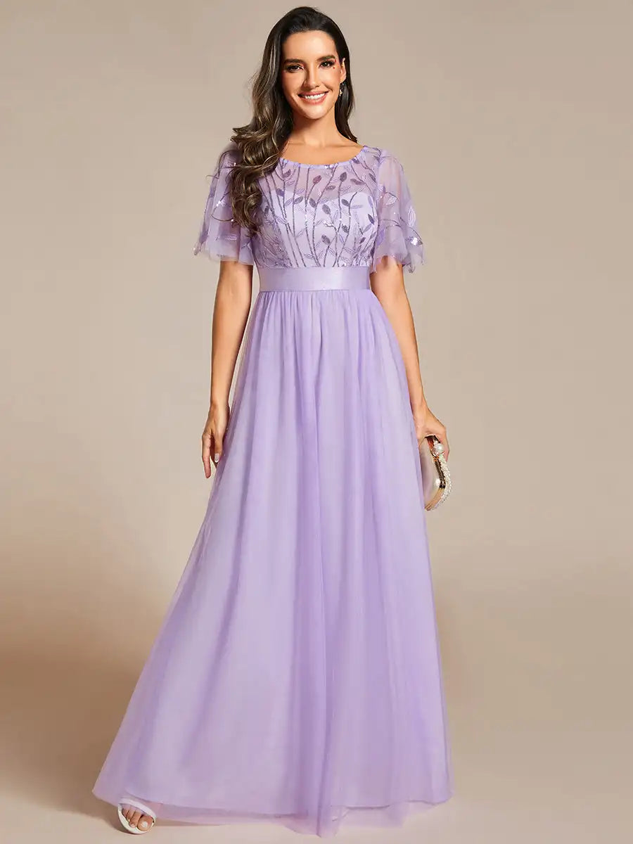 Round Neck Ruffle Sleeve Evening Gown