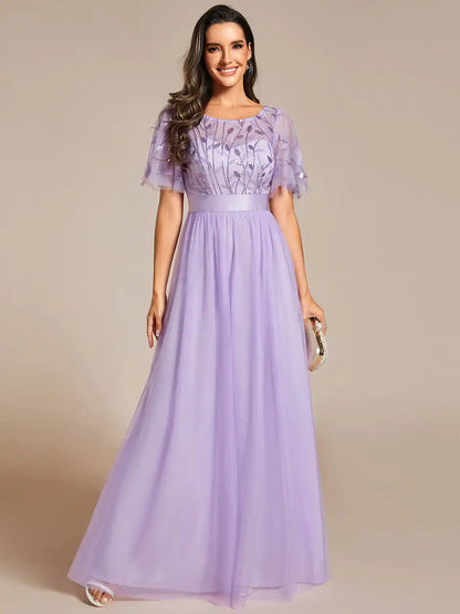 Round Neck Ruffle Sleeve Evening Gown