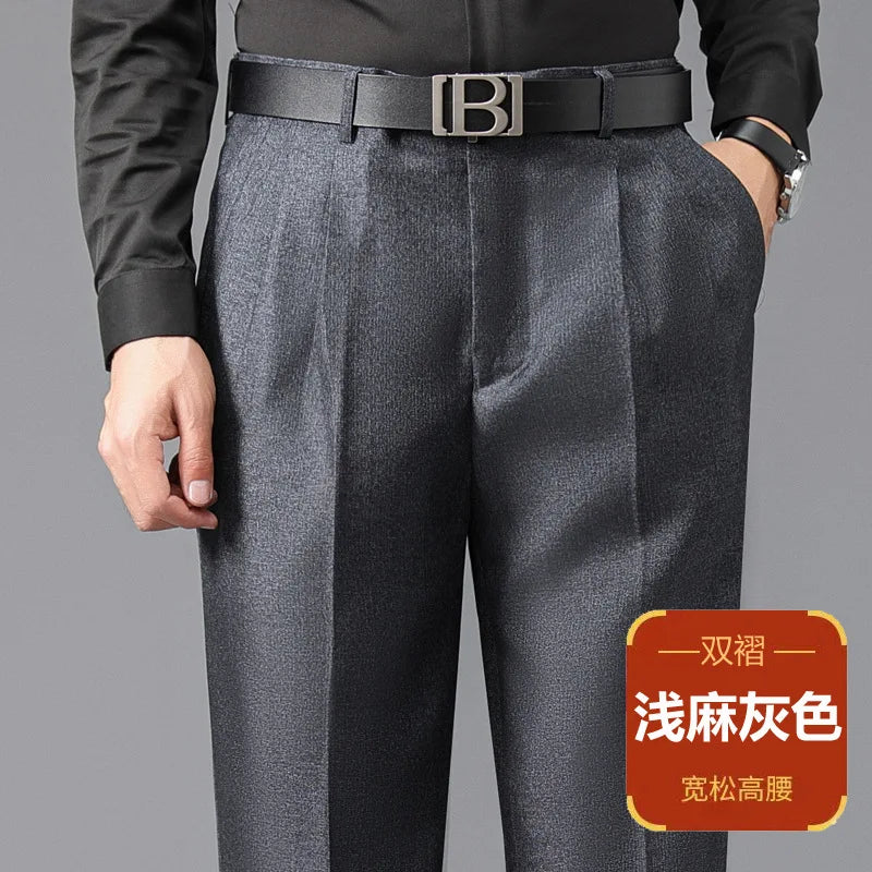 High Waist Suit Pants Men Autumn Thicken Double Pleated Straight Loose Formal Men Trousers High Quality Black Size 29-42 44 46