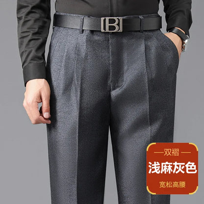 High Waist Suit Pants Men Autumn Thicken Double Pleated Straight Loose Formal Men Trousers High Quality Black Size 29-42 44 46