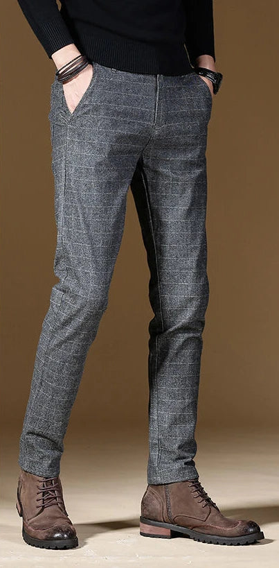 Male Suit Trousers Gray Plaid Check Straight Cheap Clothing Premium Men's Summer Pants Thin Casual Classic Slacks Dress Up