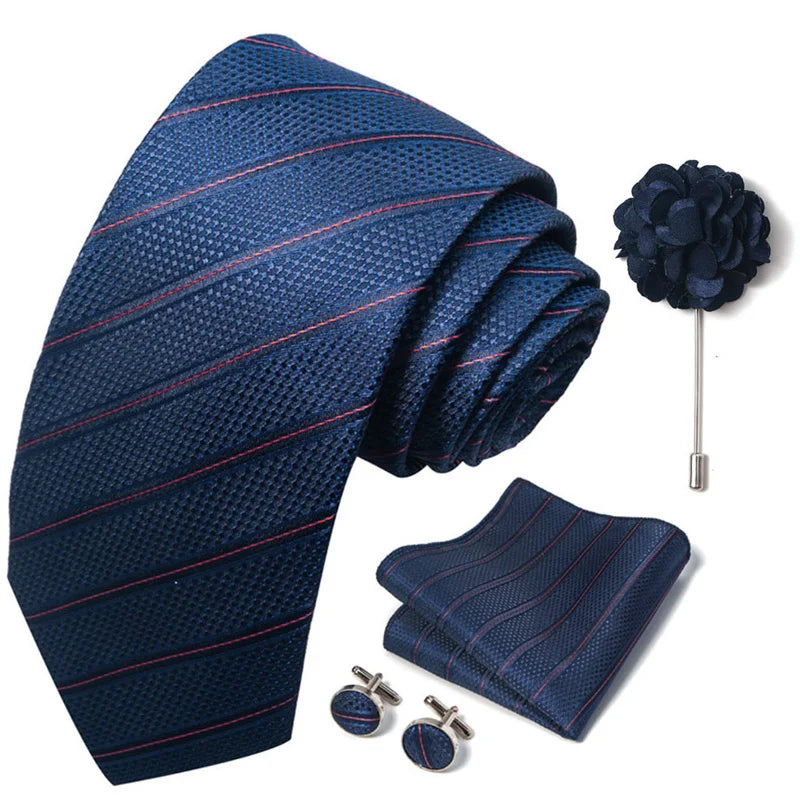 Luxury Men's Floral Tie Set - Black Gold Paisley Necktie with Pocket Square, Cufflinks & Brooch - BOC-WEAR