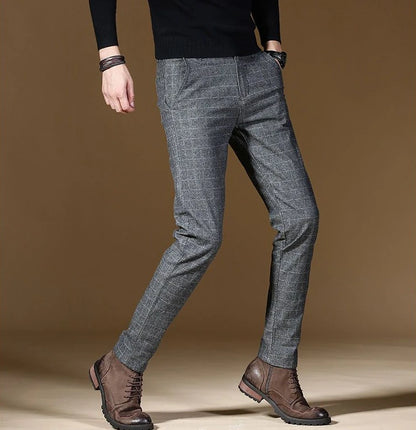 Male Suit Trousers Gray Plaid Check Straight Cheap Clothing Premium Men's Summer Pants Thin Casual Classic Slacks Dress Up