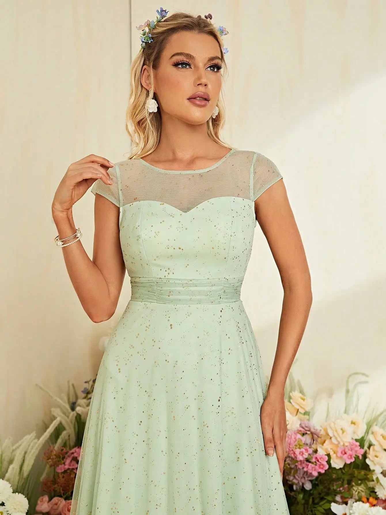 Gold Mesh Short Sleeve Evening Gown