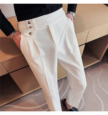 2025 Spring Autumn Men High Waist Belt Design Casual Slim Formal Dress Pant Men Social Office Wedding Party Dress Suit Pants