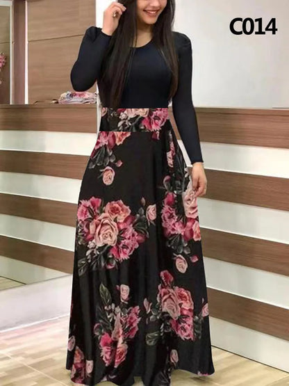 Women's Elegant Floral Maxi Dress - Retro Printed Long Sleeve Banquet Gown | S-5XL - BOC-WEAR