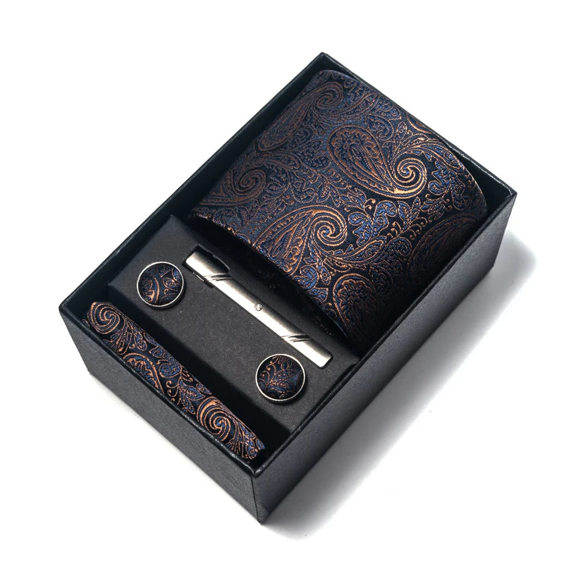 Premium Men's Tie Gift Set - 8cm Silk Necktie with Pocket Square, Cufflinks & Tie Clip - BOC-WEAR