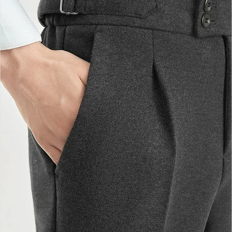 2025 Men's Autumn Winter Fashion High Waist Wool Trousers Male Tweed Casual Pockets Pants Men Long Straight Suit Pants