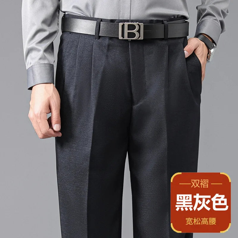 High Waist Suit Pants Men Autumn Thicken Double Pleated Straight Loose Formal Men Trousers High Quality Black Size 29-42 44 46
