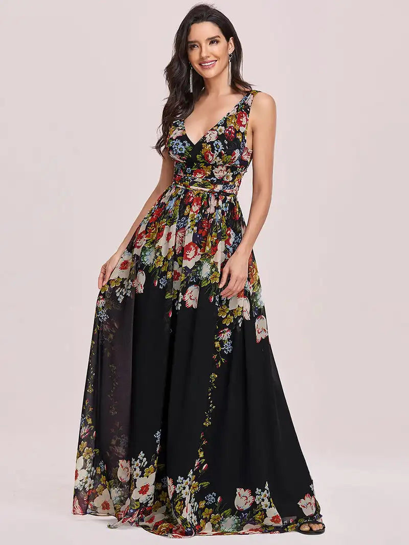 Double V-Neck Chiffon Maxi Prom Dress