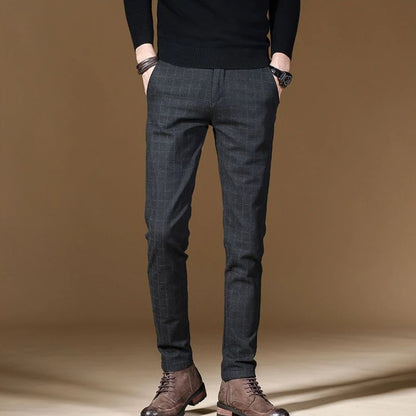Male Suit Trousers Gray Plaid Check Straight Cheap Clothing Premium Men's Summer Pants Thin Casual Classic Slacks Dress Up