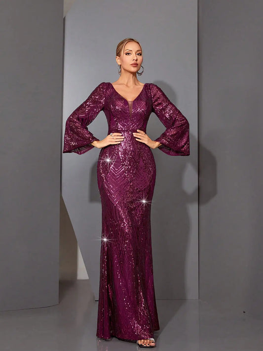 Mgiacyv-neck flared sleeves, gorgeous sequined embroidered lace fishtail slim dress