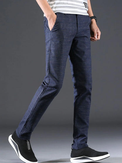 Male Suit Trousers Gray Plaid Check Straight Cheap Clothing Premium Men's Summer Pants Thin Casual Classic Slacks Dress Up