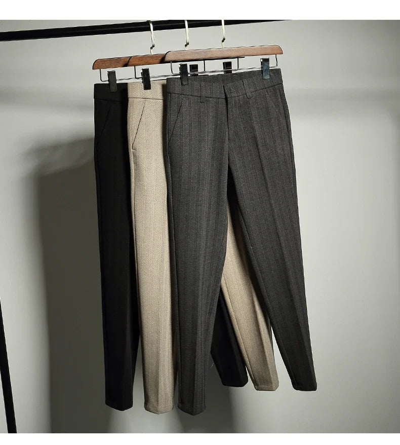 Autumn Winter Thickened Woolen Suit Pant High Quality Men Business Slim Striped Trousers Formal Wear Office Social Dress Pants