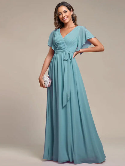 Elegant Evening dresses Deep V Neck Ruffles Sleeves Floor-Length Gown 2025 Ever pretty of Chiffon Dusty Rose Prom Women Dress