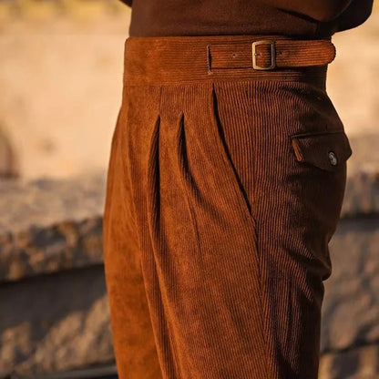 Mens Gurkha Trousers Corduroy Side Buckle Adjustable Waist Casual Suit Pants Autumn Business All-Match Straight Pants Men'S Wear