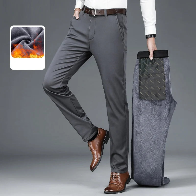 Winter Velvet Thickened Men's Business Casual Trousers Straight Leg Pants High Waisted Elastic Warm Men's Pants Slim Fit Pants