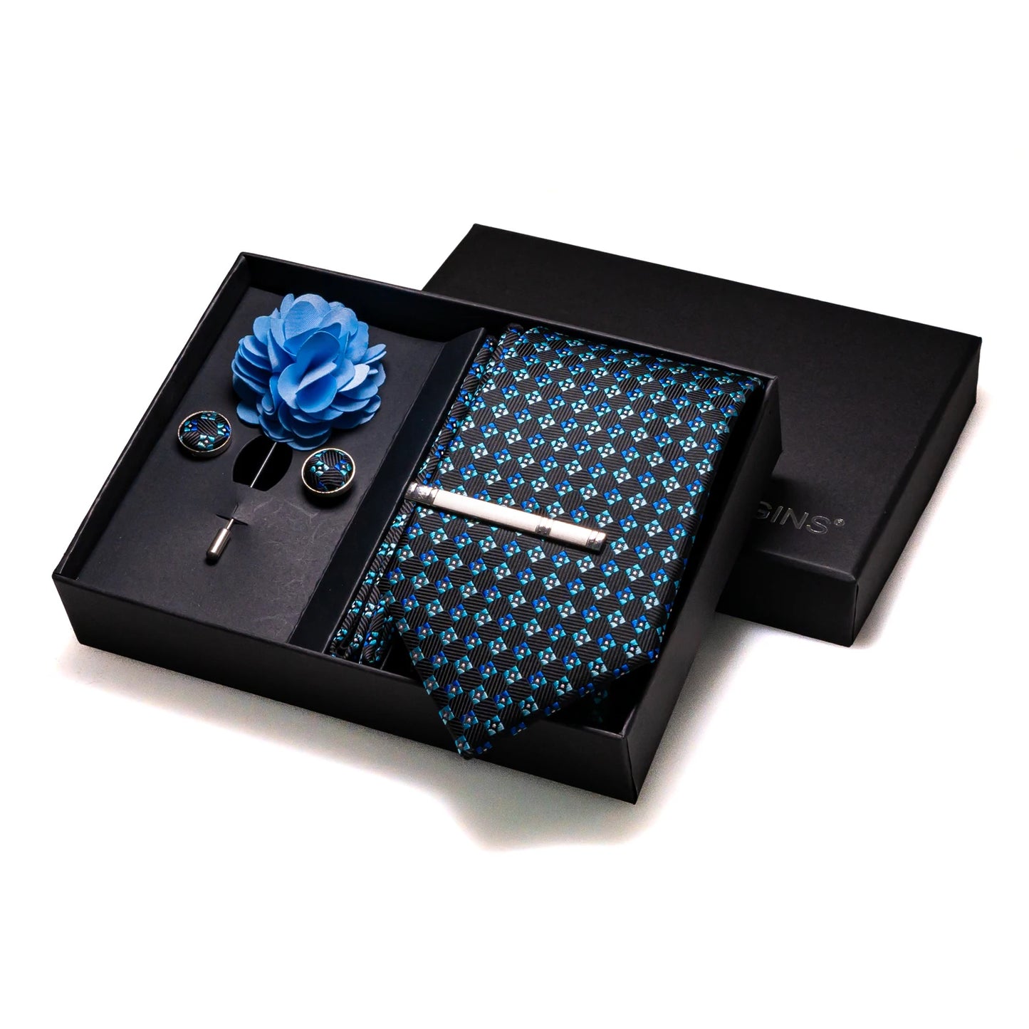 Navy blue Silk Necktie Paisley Floral Mens Tie Pocket Square Cufflinks Set Quality Business Wedding Birthday Gift Box Gravatas - BOC-WEAR