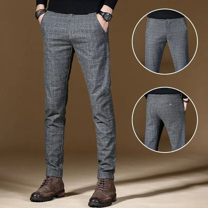 Male Suit Trousers Gray Plaid Check Straight Cheap Clothing Premium Men's Summer Pants Thin Casual Classic Slacks Dress Up