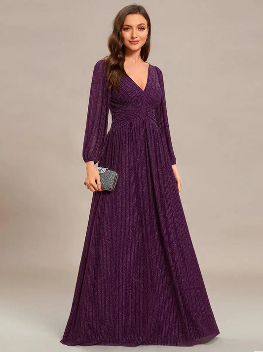 Elegant Evening Dress Maxi Long V Neck with Long Sleeves High Waist 2025 Ever pretty of Sparkle Shiny Purple Bridesmaid Dress