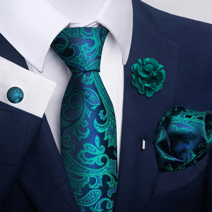 Luxury Men's Floral Tie Set - Black Gold Paisley Necktie with Pocket Square, Cufflinks & Brooch - BOC-WEAR