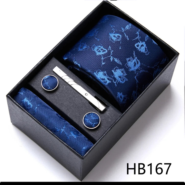 Top Grade Holiday Gift Box 7.5 cm Green Print Tie Pocket Squares Cufflink Set Gravatas Man Suit Accessories Fit Formal Party - BOC-WEAR