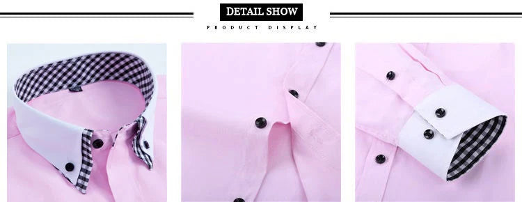 Mens Dress Shirt Long Sleeve Non Iron Fashion Double Layer Business Formal Regular Fit Office Camisa Social Solid Button Shirts - BOC-WEAR