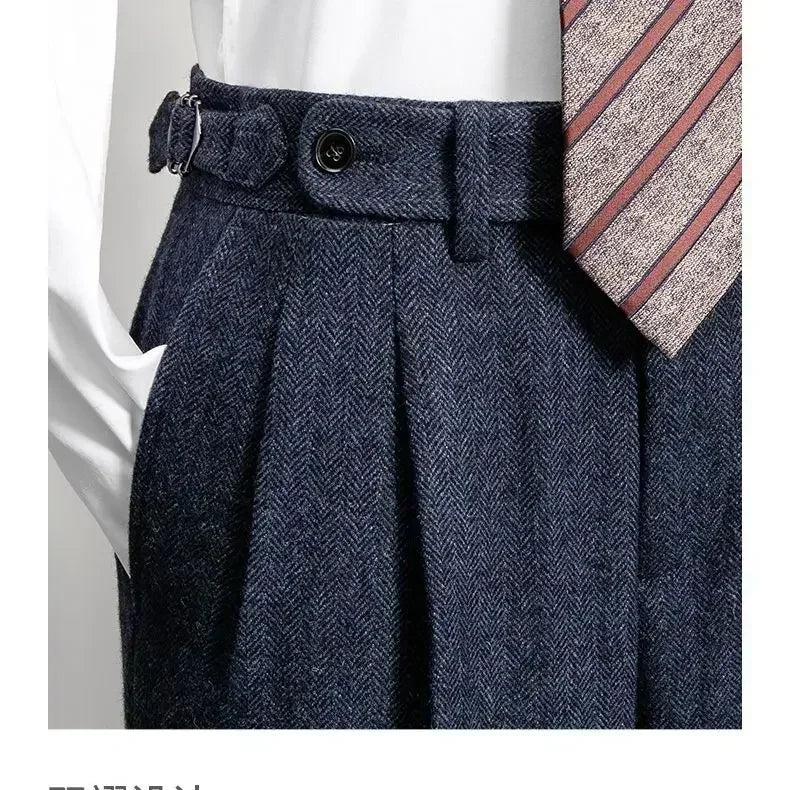 2025 Men's Autumn Winter Fashion High Waist Wool Trousers Male Tweed Casual Pockets Pants Men Long Straight Suit Pants