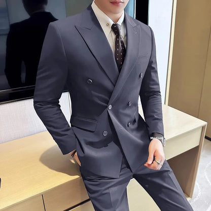 Men's Slim Fit Business Suit Set - Double Breasted Wedding Groom Suit with Pants | British Style - BOC-WEAR