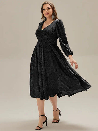 V-Neck A-Line Midi Wedding Guest Dress