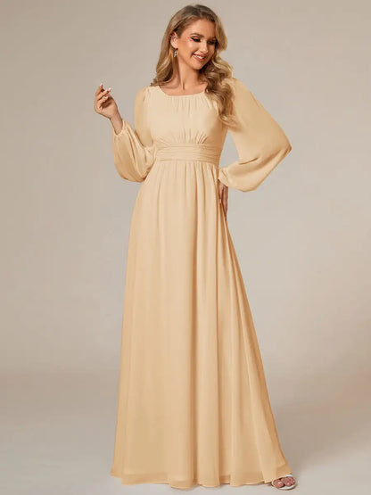 JAEL Classic Evening Dress - Round Neck A-Line Bridesmaid Dress with Lantern Sleeves