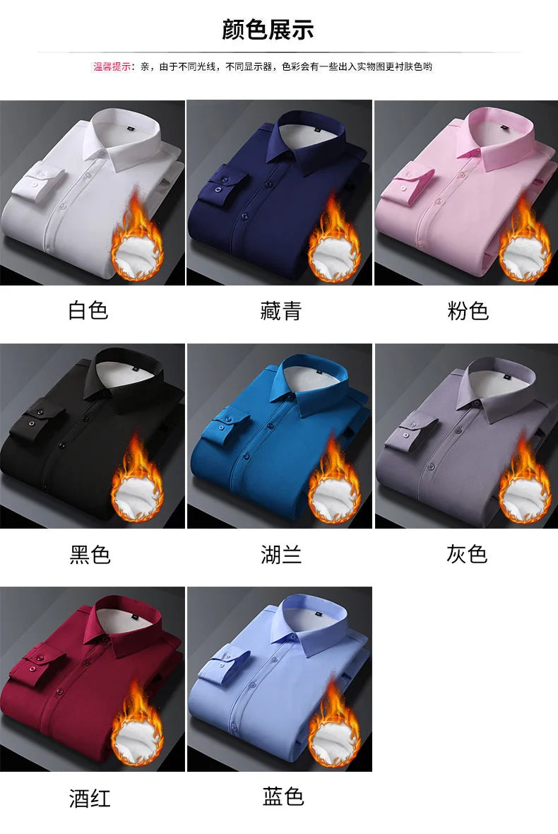2025 Men's Autumn Winter Long Sleeve Shirts White Warm Fleece Stretch Shirt Formal Business Office Wear Dress Shirts Male M-5XL - BOC-WEAR