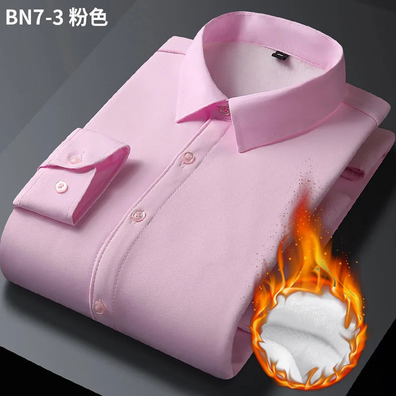2025 Men's Autumn Winter Long Sleeve Shirts White Warm Fleece Stretch Shirt Formal Business Office Wear Dress Shirts Male M-5XL - BOC-WEAR
