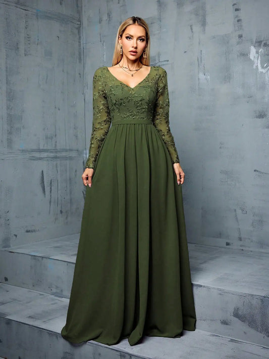 MGIACY solid color V-neck mesh stitching elegant long sleeve women's formal dinner dress