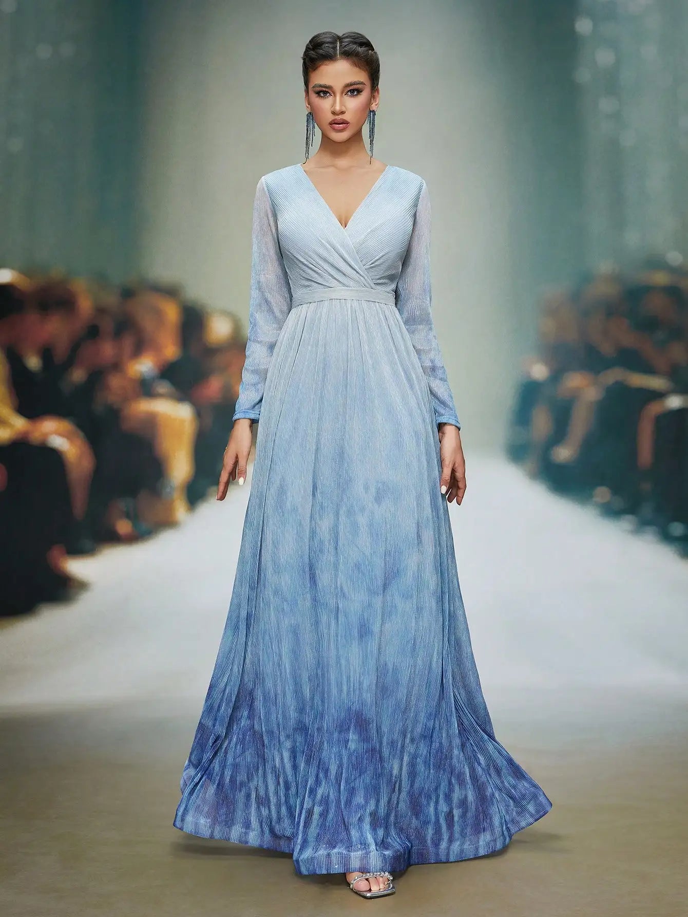 A V-neck, long-sleeved, irregularly folded, cross-printed, embossed, slide-shaped, and large-sleeved dress