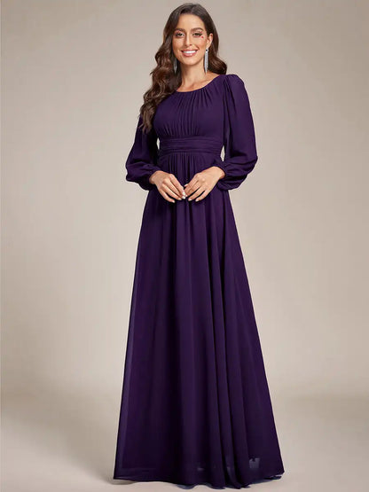 JAEL Classic Evening Dress - Round Neck A-Line Bridesmaid Dress with Lantern Sleeves